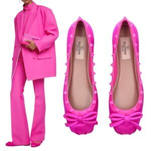 Valentino Garavani Rockstud Satin Square Ballet Flat Hot Pink Size 42